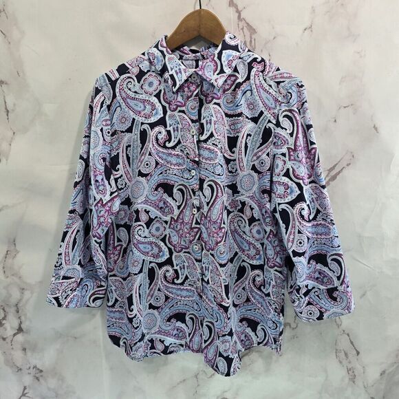 Foxcroft Shirt Womens 14 Large Purple Button Up Wrinkle Free Non Iron Paisley - Picture 1 of 13